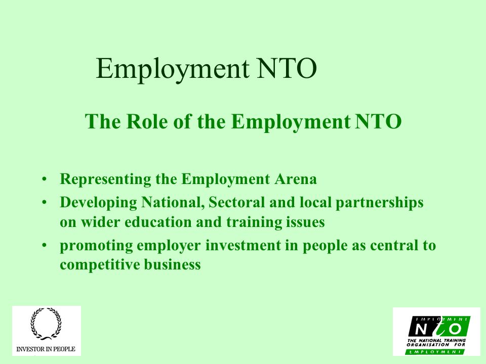 Employment NTO The Role of the Employment NTO Representing the Employment Arena Developing National, Sectoral and local partnerships on wider education and training issues promoting employer investment in people as central to competitive business