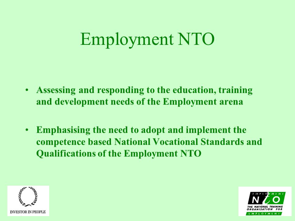 Employment NTO Assessing and responding to the education, training and development needs of the Employment arena Emphasising the need to adopt and implement the competence based National Vocational Standards and Qualifications of the Employment NTO