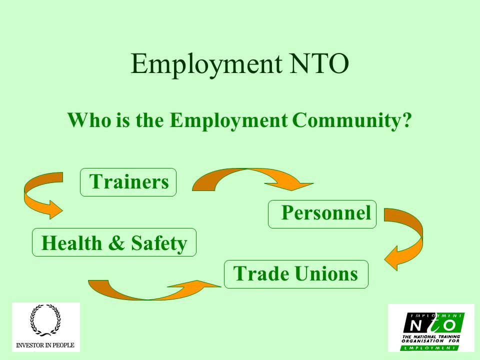 Employment NTO Who is the Employment Community Trainers Personnel Health & Safety Trade Unions