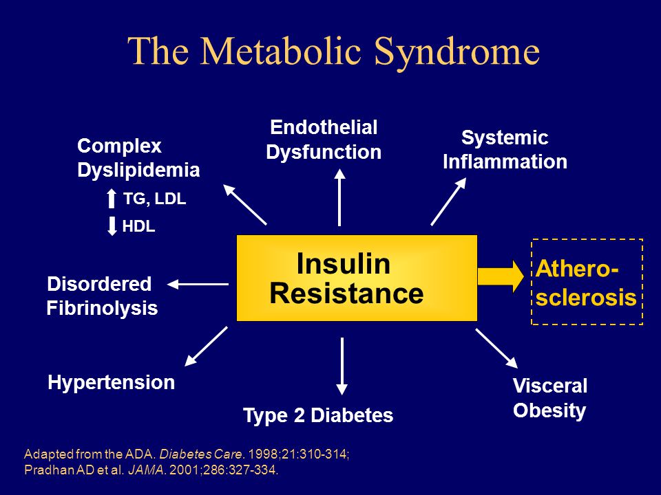 The Metabolic Syndrome Insulin Resistance Hypertension Type 2 Diabetes Disordered Fibrinolysis Complex Dyslipidemia TG, LDL HDL Endothelial Dysfunction Systemic Inflammation Athero- sclerosis Visceral Obesity Adapted from the ADA.