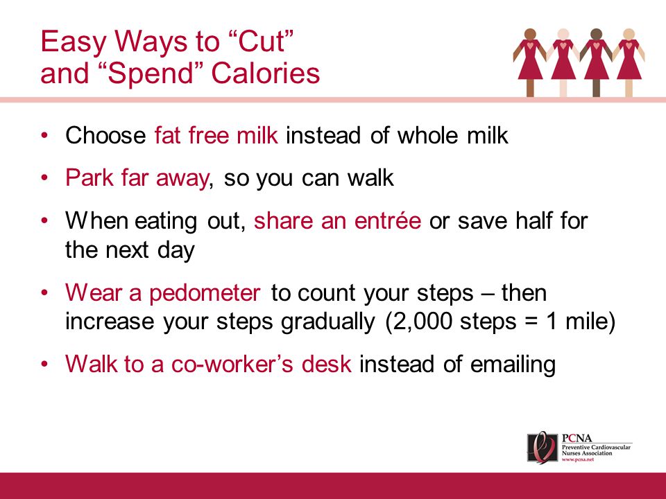 Choose fat free milk instead of whole milk Park far away, so you can walk When eating out, share an entrée or save half for the next day Wear a pedometer to count your steps – then increase your steps gradually (2,000 steps = 1 mile) Walk to a co-worker’s desk instead of  ing Easy Ways to Cut and Spend Calories