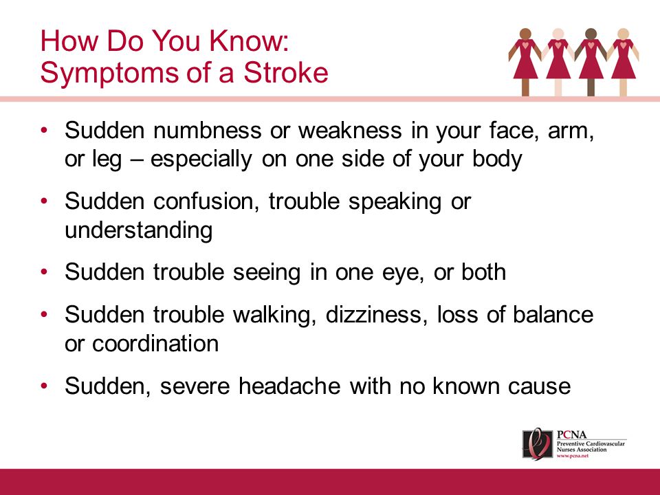 Sudden numbness or weakness in your face, arm, or leg – especially on one side of your body Sudden confusion, trouble speaking or understanding Sudden trouble seeing in one eye, or both Sudden trouble walking, dizziness, loss of balance or coordination Sudden, severe headache with no known cause How Do You Know: Symptoms of a Stroke