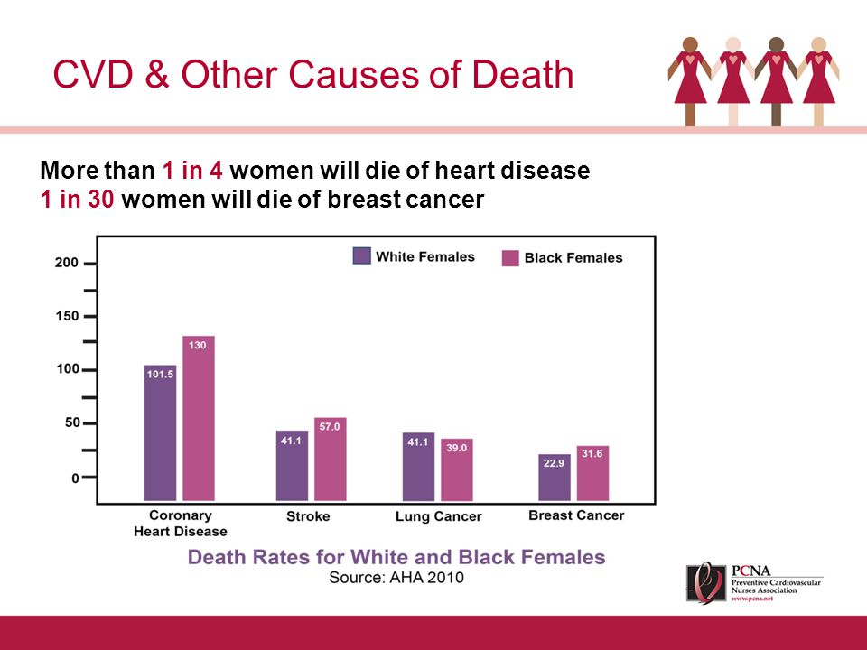 CVD & Other Causes of Death More than 1 in 4 women will die of heart disease 1 in 30 women will die of breast cancer