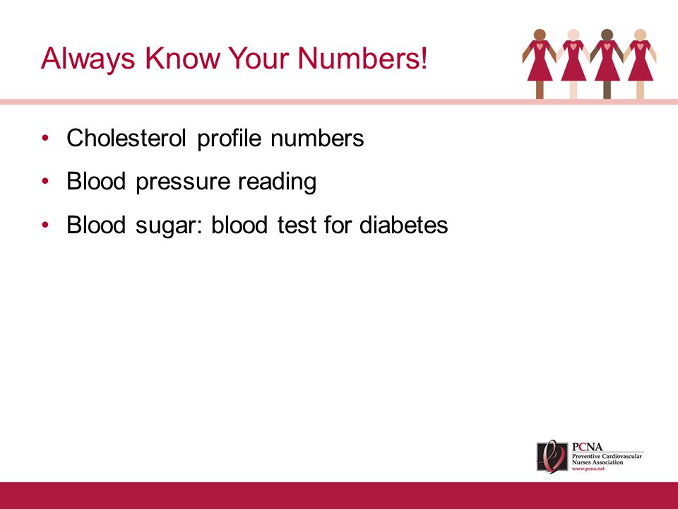Cholesterol profile numbers Blood pressure reading Blood sugar: blood test for diabetes Always Know Your Numbers!