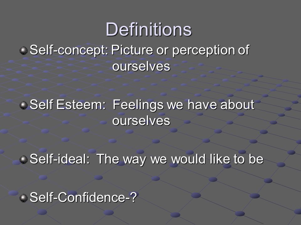 Definitions Self-concept: Picture or perception of ourselves Self Esteem: Feelings we have about ourselves Self-ideal: The way we would like to be Self-Confidence-