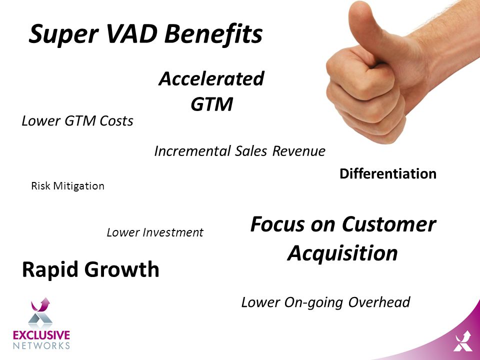Super VAD Benefits Risk Mitigation Lower On-going Overhead Rapid Growth Lower GTM Costs Accelerated GTM Differentiation Focus on Customer Acquisition Lower Investment Incremental Sales Revenue