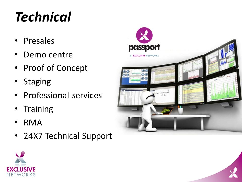 Technical Presales Demo centre Proof of Concept Staging Professional services Training RMA 24X7 Technical Support