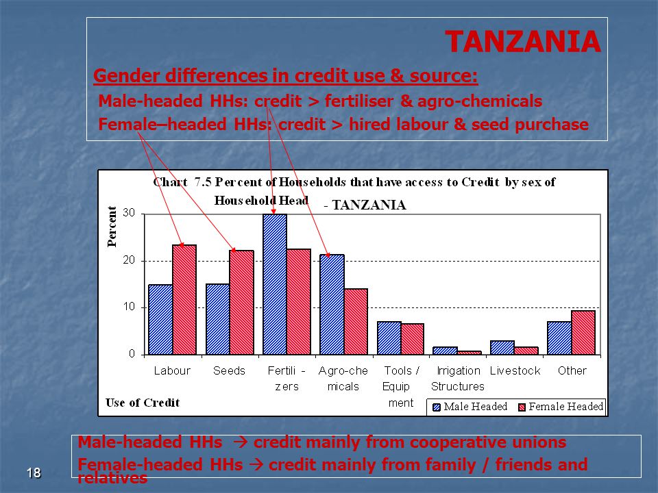 18 TANZANIA Gender differences in credit use & source: Male-headed HHs: credit > fertiliser & agro-chemicals Female–headed HHs: credit > hired labour & seed purchase Male-headed HHs  credit mainly from cooperative unions Female-headed HHs  credit mainly from family / friends and relatives - TANZANIA