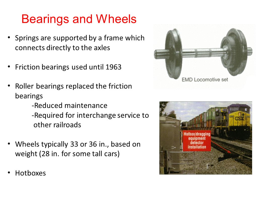 Bearings and Wheels Springs are supported by a frame which connects directly to the axles Friction bearings used until 1963 Roller bearings replaced the friction bearings -Reduced maintenance -Required for interchange service to other railroads Wheels typically 33 or 36 in., based on weight (28 in.