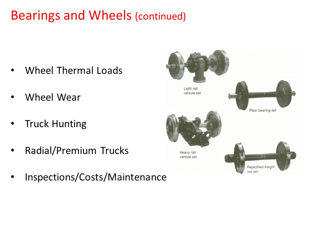 Bearings and Wheels (continued) Wheel Thermal Loads Wheel Wear Truck Hunting Radial/Premium Trucks Inspections/Costs/Maintenance