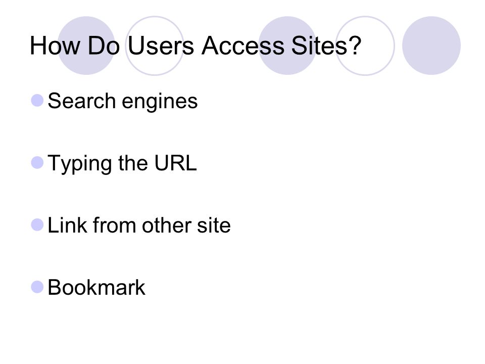 How Do Users Access Sites Search engines Typing the URL Link from other site Bookmark