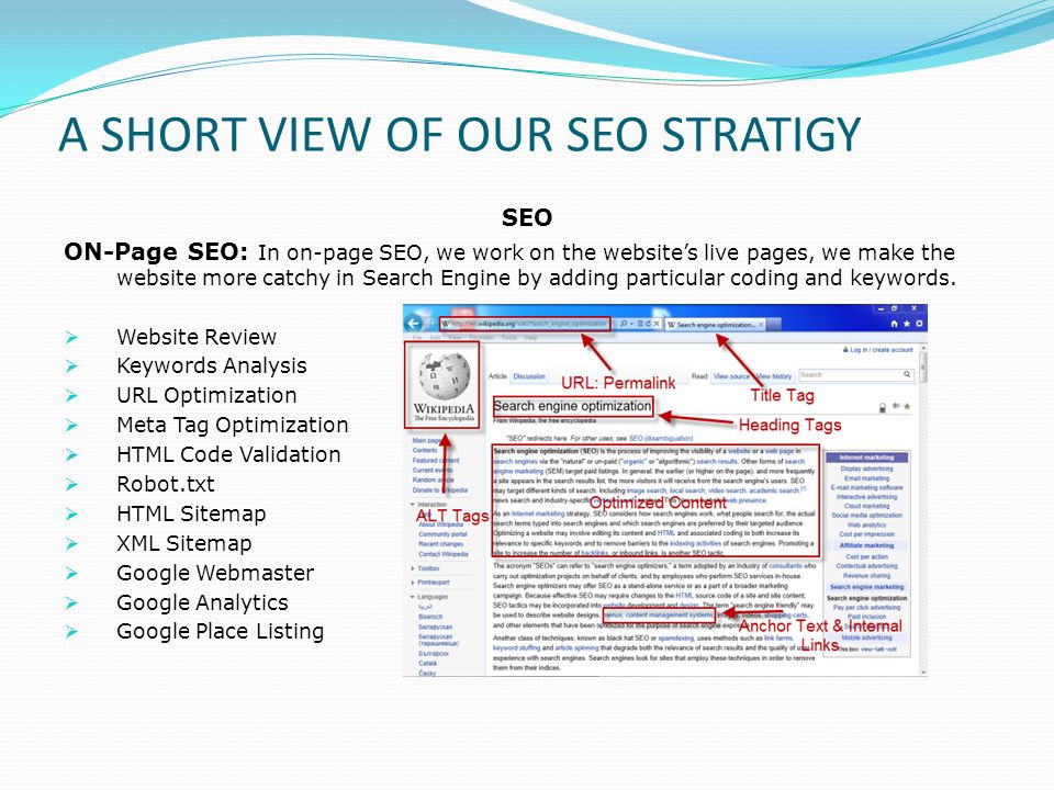 A SHORT VIEW OF OUR SEO STRATIGY SEO ON-Page SEO: In on-page SEO, we work on the website’s live pages, we make the website more catchy in Search Engine by adding particular coding and keywords.