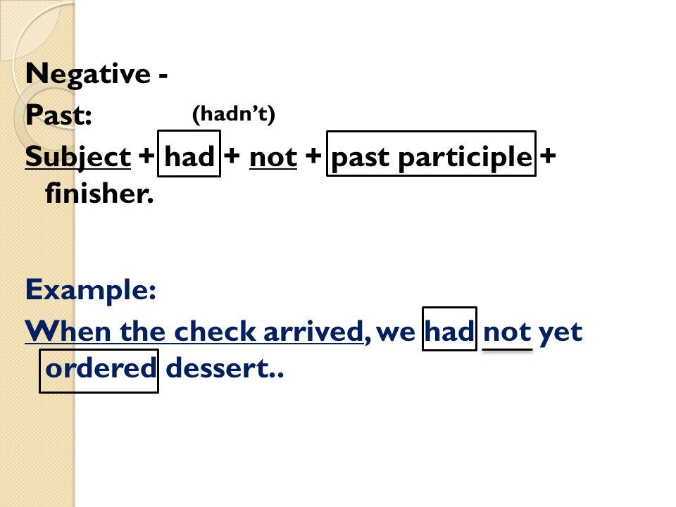 Negative - Past: Subject + had + not + past participle + finisher.