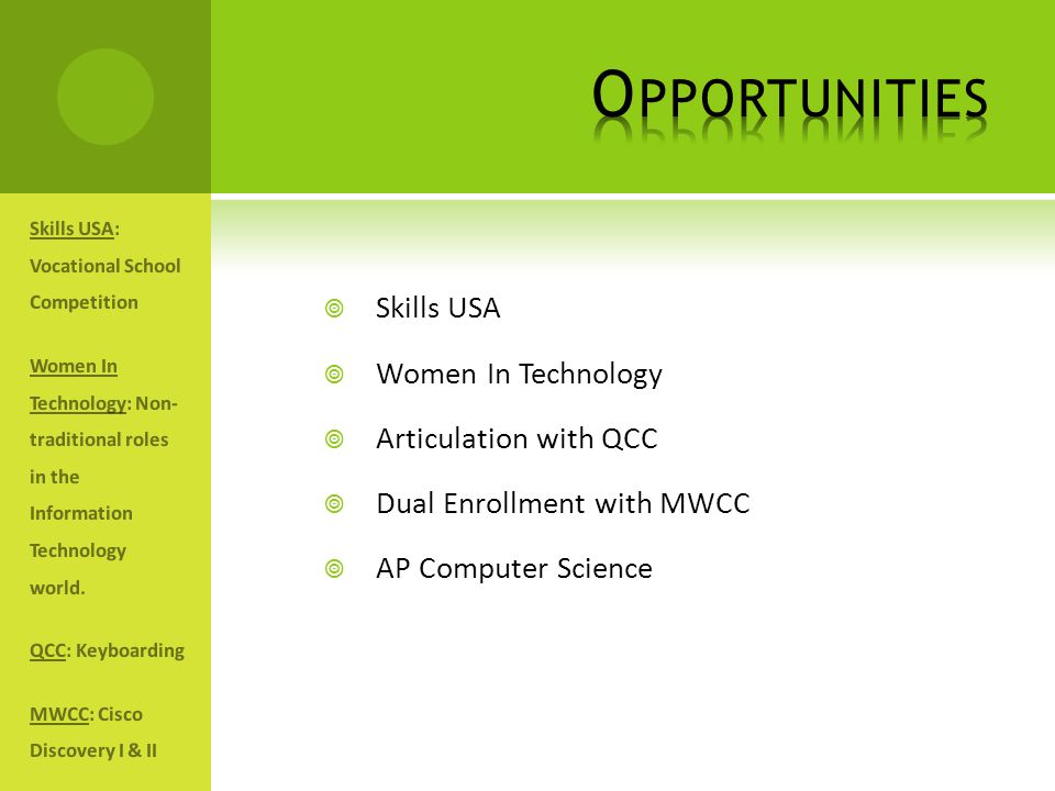  Skills USA  Women In Technology  Articulation with QCC  Dual Enrollment with MWCC  AP Computer Science Skills USA: Vocational School Competition Women In Technology: Non- traditional roles in the Information Technology world.