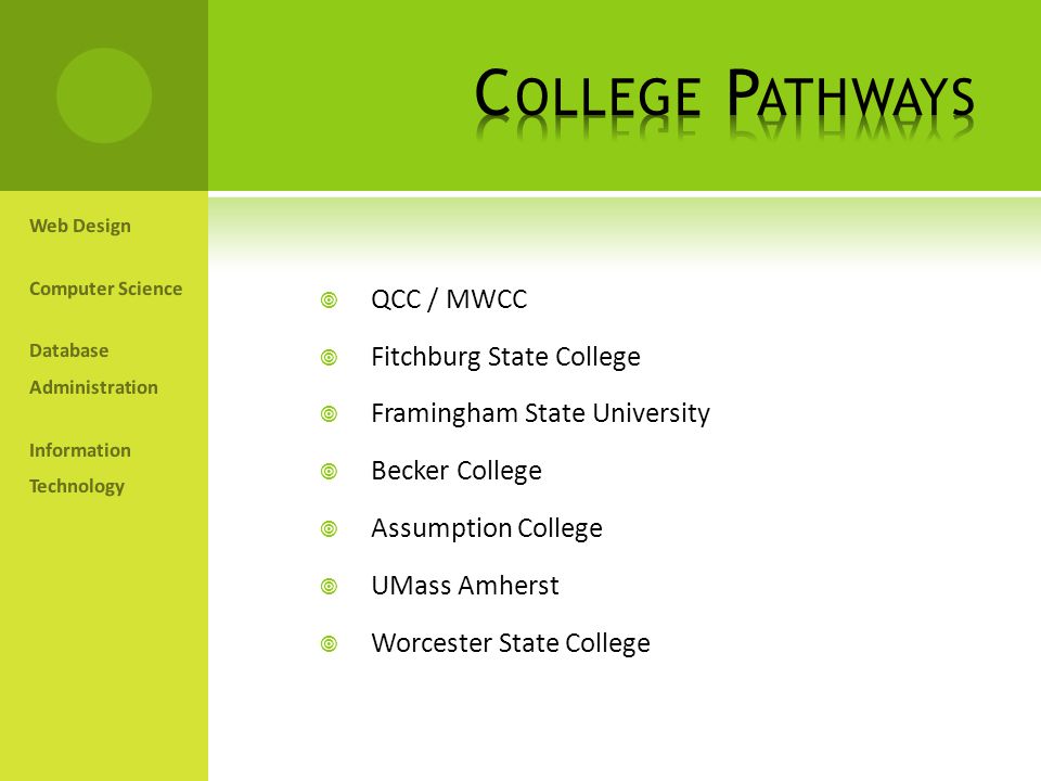  QCC / MWCC  Fitchburg State College  Framingham State University  Becker College  Assumption College  UMass Amherst  Worcester State College Web Design Computer Science Database Administration Information Technology