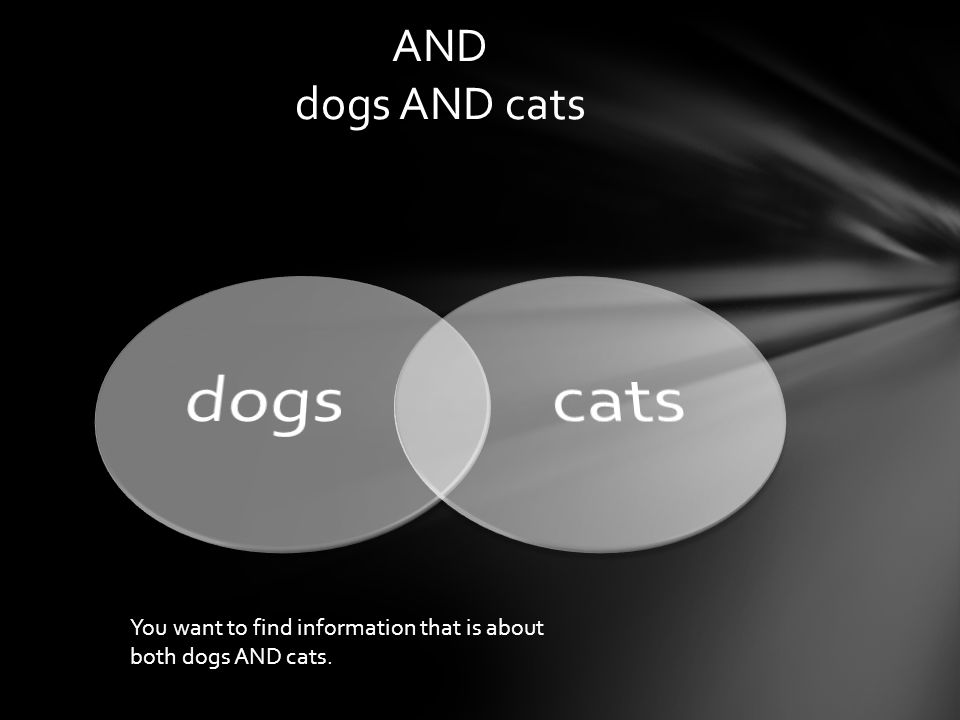 AND dogs AND cats You want to find information that is about both dogs AND cats.