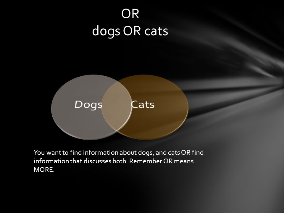 OR dogs OR cats You want to find information about dogs, and cats OR find information that discusses both.