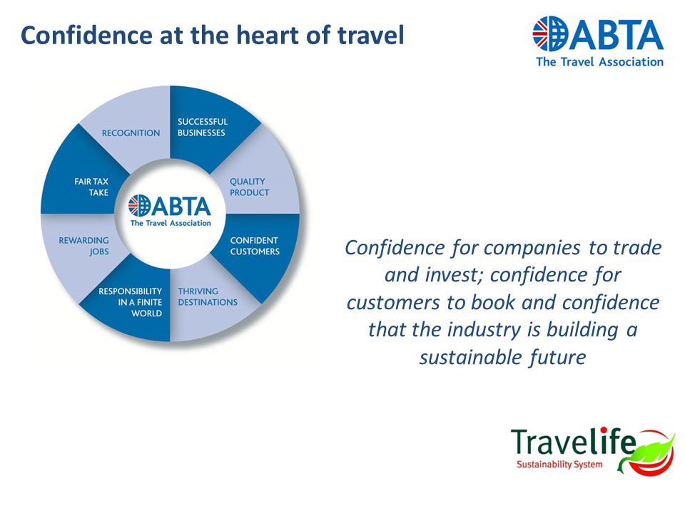 Confidence at the heart of travel Confidence for companies to trade and invest; confidence for customers to book and confidence that the industry is building a sustainable future