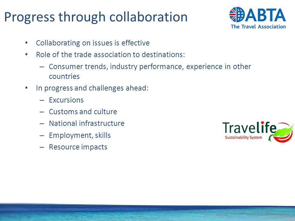 Progress through collaboration Collaborating on issues is effective Role of the trade association to destinations: – Consumer trends, industry performance, experience in other countries In progress and challenges ahead: – Excursions – Customs and culture – National infrastructure – Employment, skills – Resource impacts