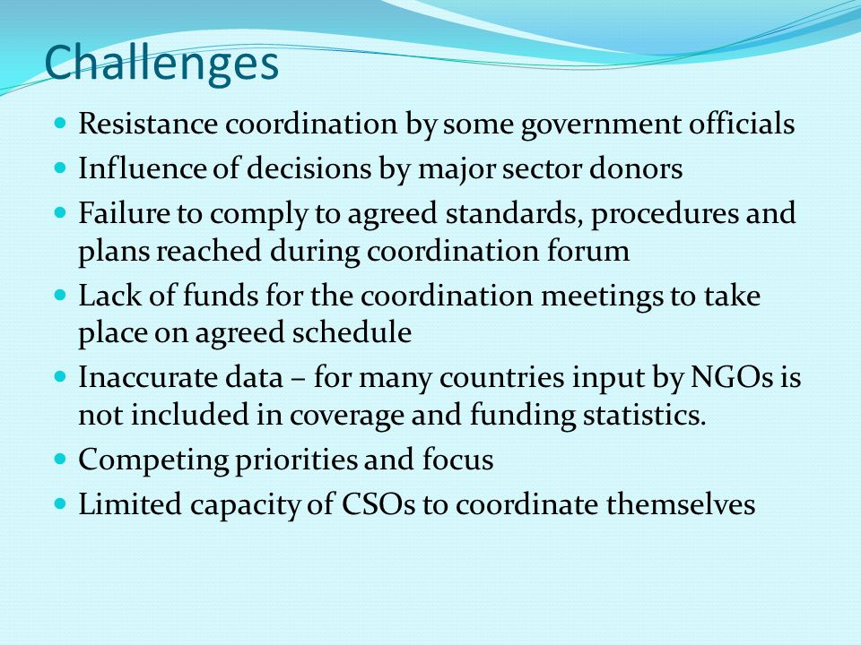 Challenges Resistance coordination by some government officials Influence of decisions by major sector donors Failure to comply to agreed standards, procedures and plans reached during coordination forum Lack of funds for the coordination meetings to take place on agreed schedule Inaccurate data – for many countries input by NGOs is not included in coverage and funding statistics.