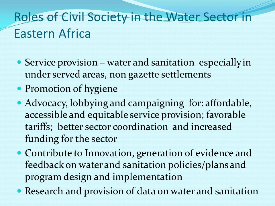 Roles of Civil Society in the Water Sector in Eastern Africa Service provision – water and sanitation especially in under served areas, non gazette settlements Promotion of hygiene Advocacy, lobbying and campaigning for: affordable, accessible and equitable service provision; favorable tariffs; better sector coordination and increased funding for the sector Contribute to Innovation, generation of evidence and feedback on water and sanitation policies/plans and program design and implementation Research and provision of data on water and sanitation