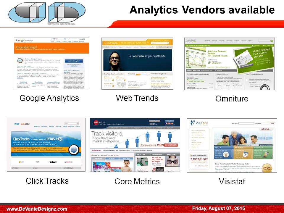 Analytics Vendors available Friday, August 07, 2015 Google AnalyticsWeb Trends Omniture Click Tracks Core MetricsVisistat Friday, August 07,