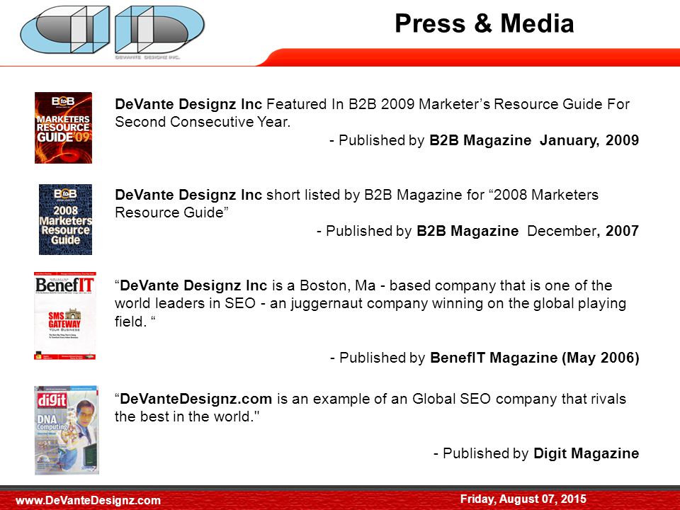 Friday, August 07, Press & Media DeVante Designz Inc Featured In B2B 2009 Marketer’s Resource Guide For Second Consecutive Year.