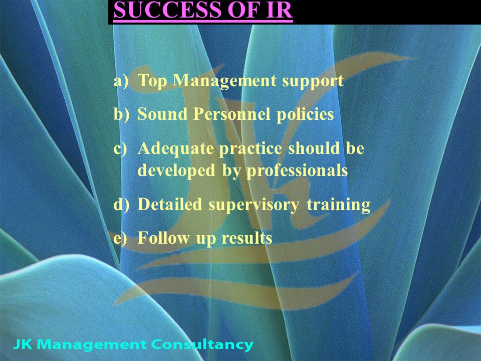 SUCCESS OF IR a)Top Management support b)Sound Personnel policies c)Adequate practice should be developed by professionals d)Detailed supervisory training e)Follow up results