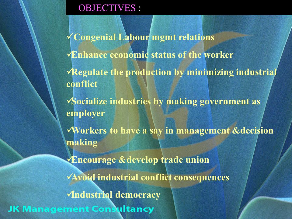 OBJECTIVES : Congenial Labour mgmt relations Enhance economic status of the worker Regulate the production by minimizing industrial conflict Socialize industries by making government as employer Workers to have a say in management &decision making Encourage &develop trade union Avoid industrial conflict consequences Industrial democracy
