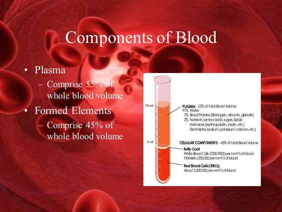 Components of Blood Plasma –Comprise 55% of whole blood volume Formed Elements –Comprise 45% of whole blood volume