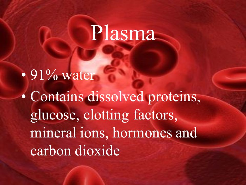 Plasma 91% water Contains dissolved proteins, glucose, clotting factors, mineral ions, hormones and carbon dioxide