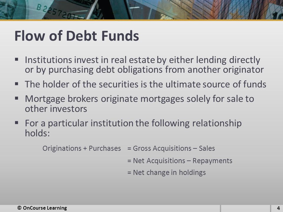 Flow of Debt Funds  Institutions invest in real estate by either lending directly or by purchasing debt obligations from another originator  The holder of the securities is the ultimate source of funds  Mortgage brokers originate mortgages solely for sale to other investors  For a particular institution the following relationship holds: Originations + Purchases = Gross Acquisitions – Sales = Net Acquisitions – Repayments = Net change in holdings © OnCourse Learning 4