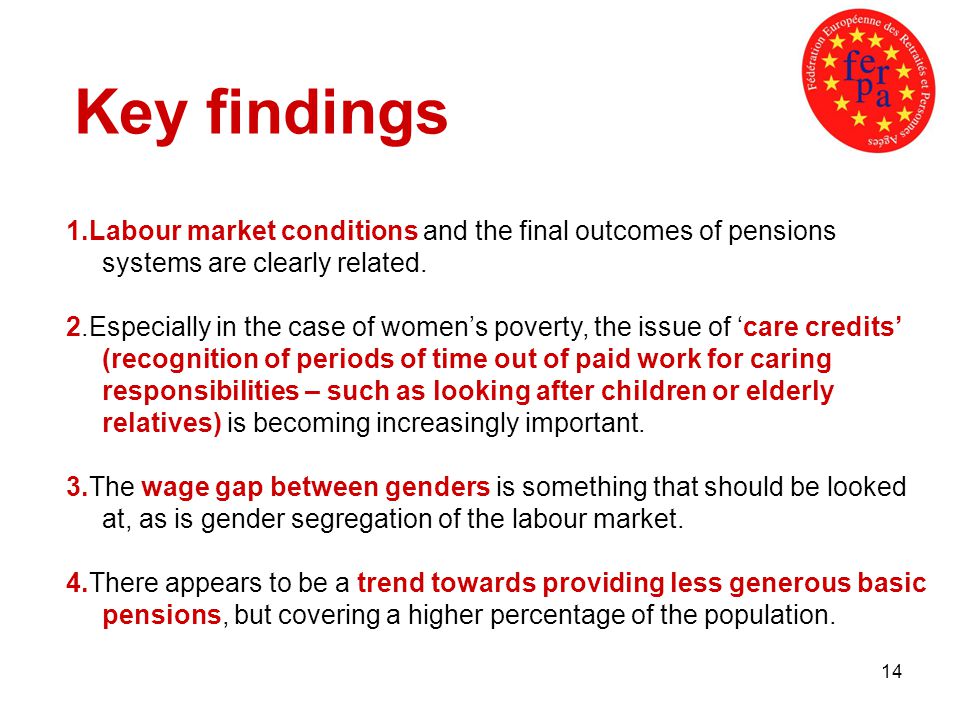 14 Key findings 1.Labour market conditions and the final outcomes of pensions systems are clearly related.