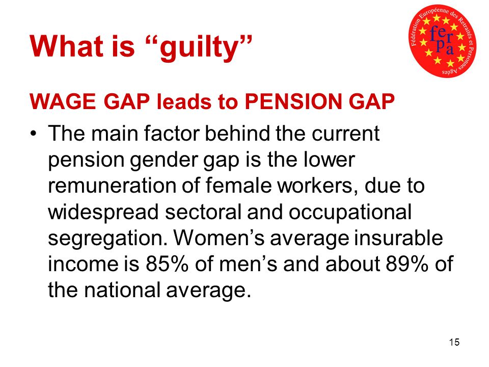 15 What is guilty WAGE GAP leads to PENSION GAP The main factor behind the current pension gender gap is the lower remuneration of female workers, due to widespread sectoral and occupational segregation.