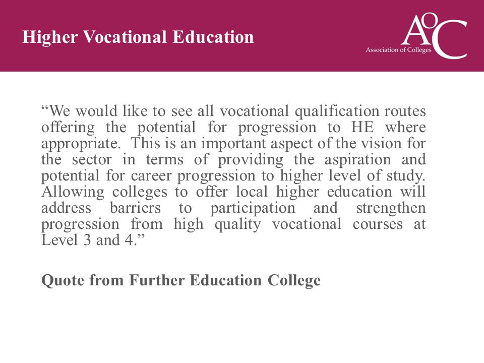 We would like to see all vocational qualification routes offering the potential for progression to HE where appropriate.