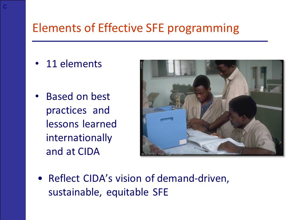 Elements of Effective SFE programming 11 elements Based on best practices and lessons learned internationally and at CIDA c Reflect CIDA’s vision of demand-driven, sustainable, equitable SFE