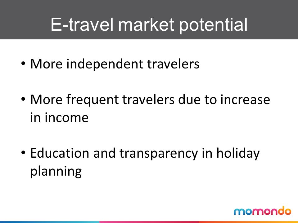 E-travel market potential More independent travelers More frequent travelers due to increase in income Education and transparency in holiday planning
