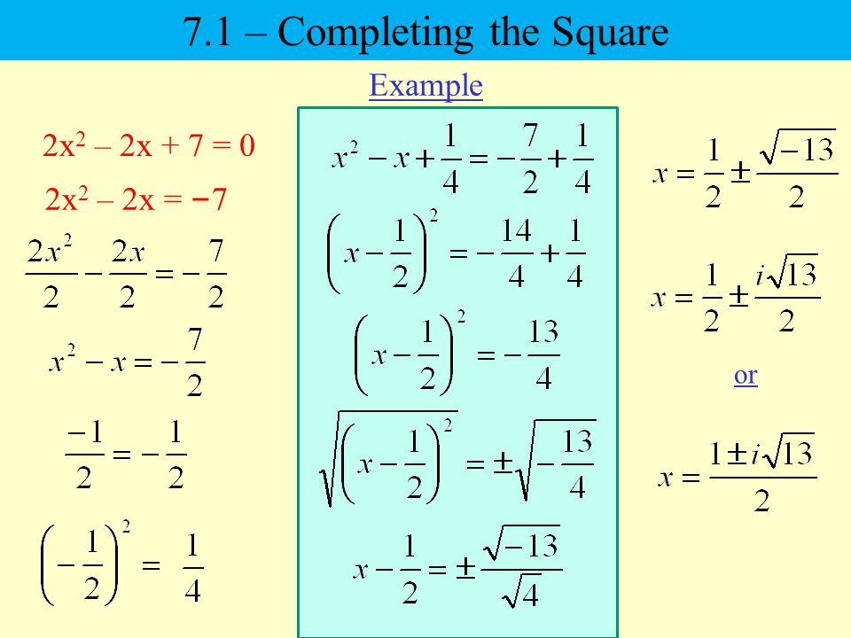 2x 2 – 2x + 7 = 0 2x 2 – 2x = – 7 or Example 7.1 – Completing the Square