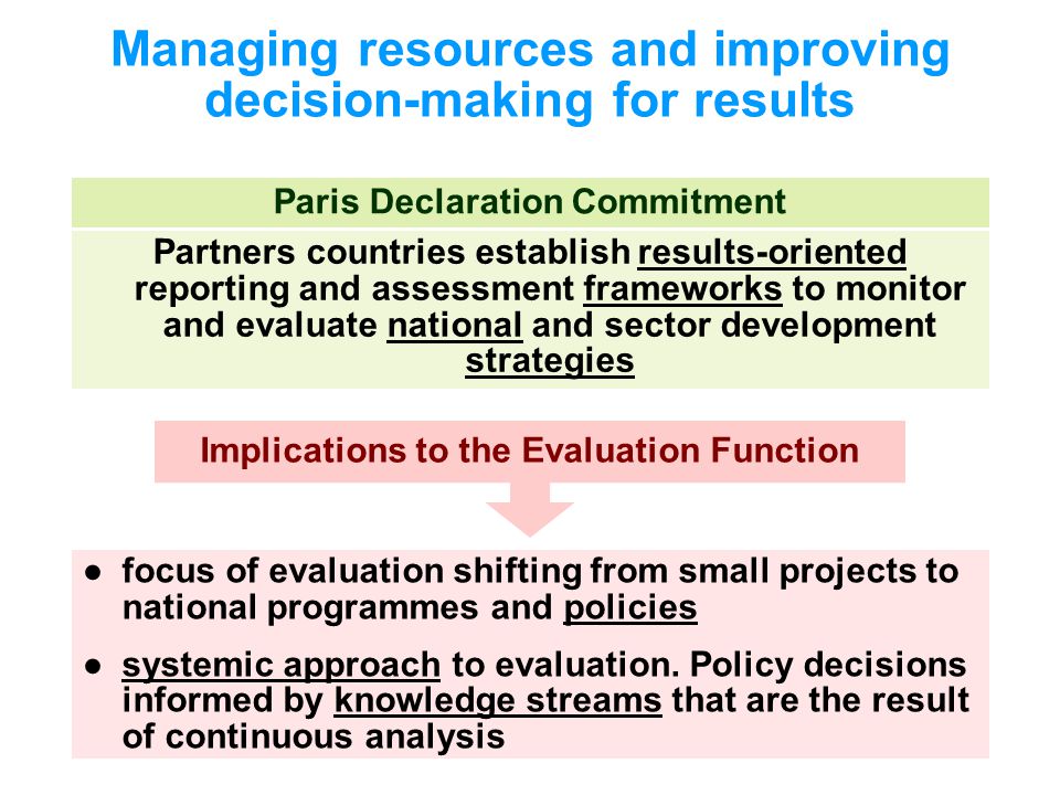 Managing resources and improving decision-making for results Partners countries establish results-oriented reporting and assessment frameworks to monitor and evaluate national and sector development strategies ●focus of evaluation shifting from small projects to national programmes and policies ●systemic approach to evaluation.