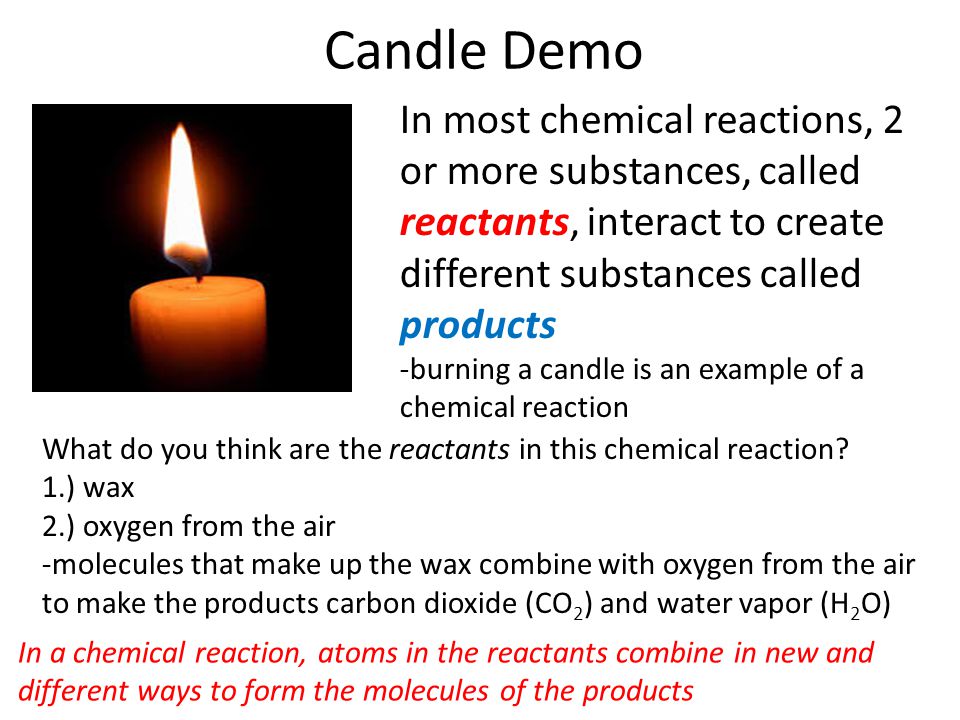 Candle Demo In most chemical reactions, 2 or more substances, called reactants, interact to create different substances called products -burning a candle is an example of a chemical reaction What do you think are the reactants in this chemical reaction.