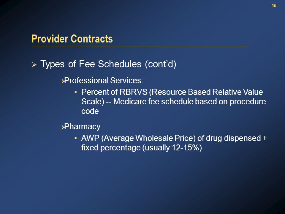 15 Provider Contracts  Types of Fee Schedules (cont’d)  Professional Services: Percent of RBRVS (Resource Based Relative Value Scale) -- Medicare fee schedule based on procedure code  Pharmacy AWP (Average Wholesale Price) of drug dispensed + fixed percentage (usually 12-15%)