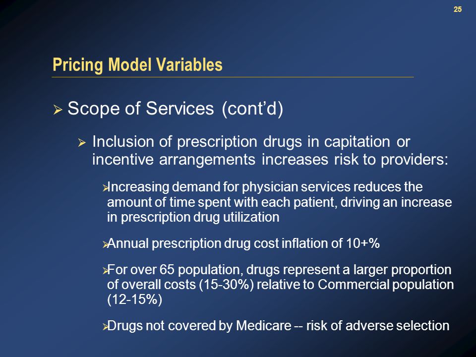 25 Pricing Model Variables  Scope of Services (cont’d)  Inclusion of prescription drugs in capitation or incentive arrangements increases risk to providers:  Increasing demand for physician services reduces the amount of time spent with each patient, driving an increase in prescription drug utilization  Annual prescription drug cost inflation of 10+%  For over 65 population, drugs represent a larger proportion of overall costs (15-30%) relative to Commercial population (12-15%)  Drugs not covered by Medicare -- risk of adverse selection