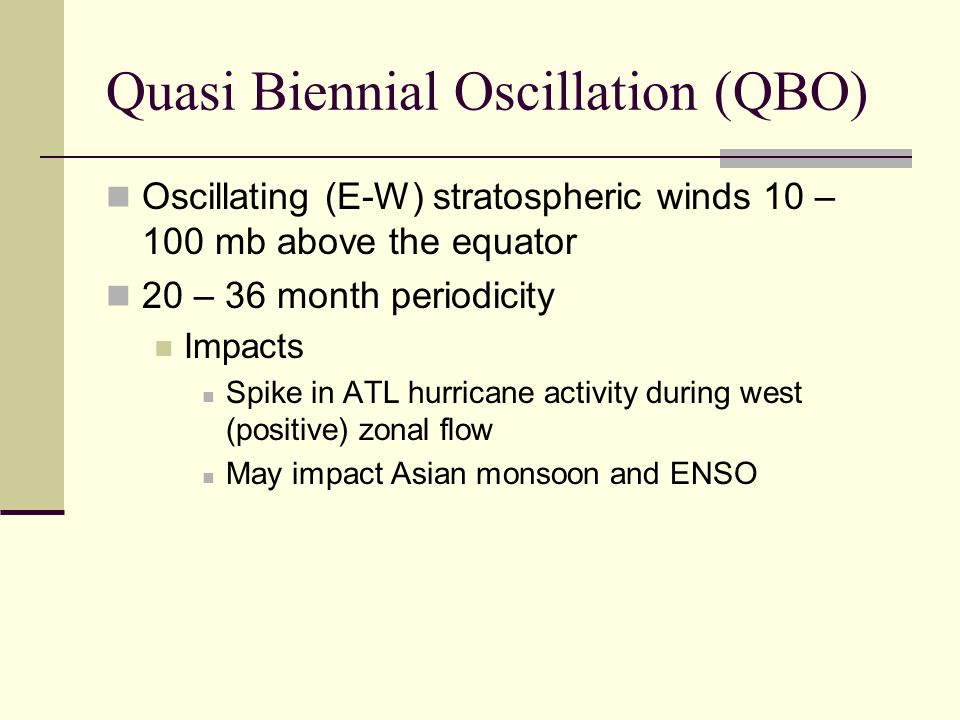 Quasi Biennial Oscillation (QBO) Oscillating (E-W) stratospheric winds 10 – 100 mb above the equator 20 – 36 month periodicity Impacts Spike in ATL hurricane activity during west (positive) zonal flow May impact Asian monsoon and ENSO