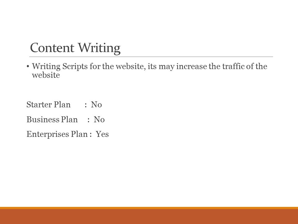 Content Writing Writing Scripts for the website, its may increase the traffic of the website Starter Plan : No Business Plan : No Enterprises Plan : Yes