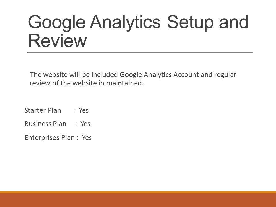 Google Analytics Setup and Review The website will be included Google Analytics Account and regular review of the website in maintained.