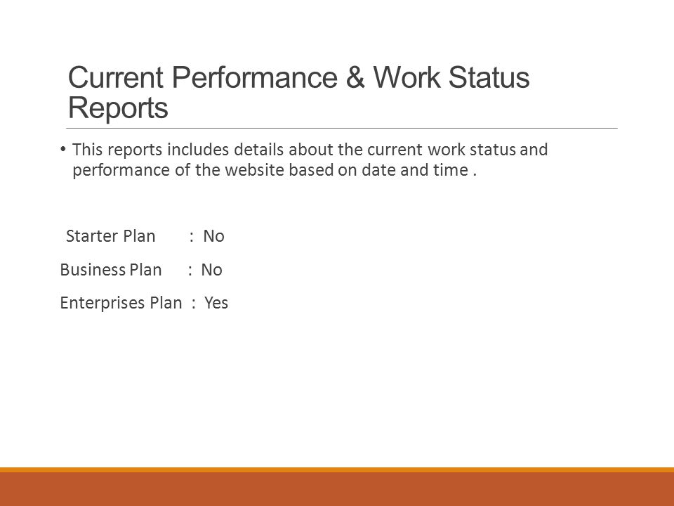Current Performance & Work Status Reports This reports includes details about the current work status and performance of the website based on date and time.