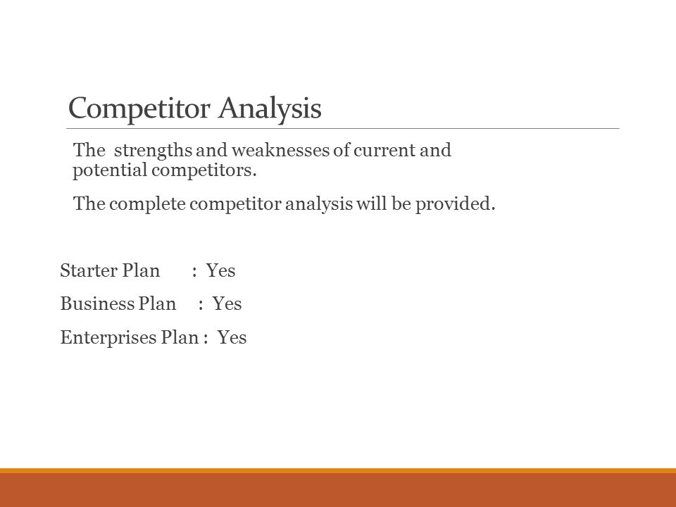 Competitor Analysis The strengths and weaknesses of current and potential competitors.