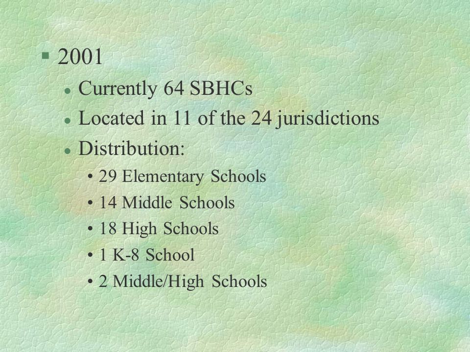 §2001 l Currently 64 SBHCs l Located in 11 of the 24 jurisdictions l Distribution: 29 Elementary Schools 14 Middle Schools 18 High Schools 1 K-8 School 2 Middle/High Schools