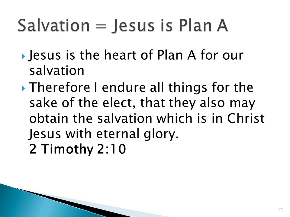  Jesus is the heart of Plan A for our salvation  Therefore I endure all things for the sake of the elect, that they also may obtain the salvation which is in Christ Jesus with eternal glory.