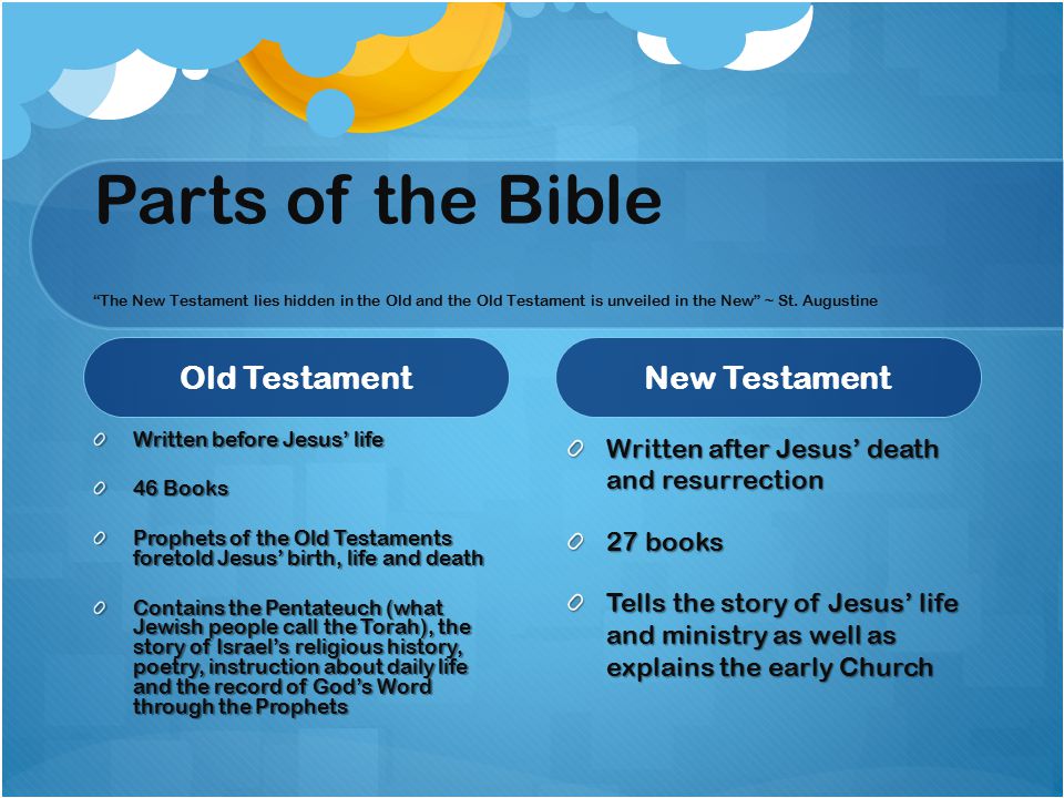 Parts of the Bible The New Testament lies hidden in the Old and the Old Testament is unveiled in the New ~ St.